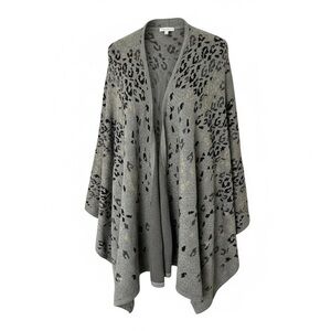 CAbi Grey Leopard Print Poncho Sweater One Size Cotton Open Front Cozy Lounge